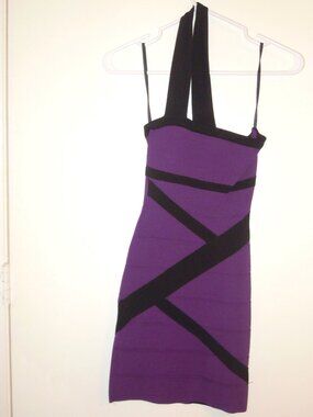 Vintage Bebe Purple and Black One-Shoulder Bandage Bondycon Dress Sz. XS STRETCH